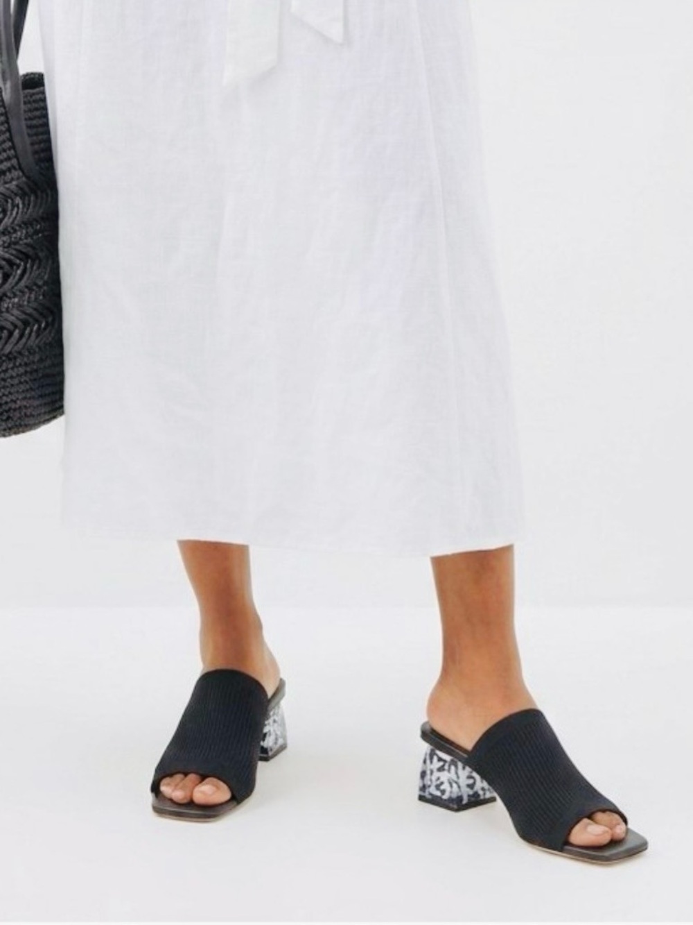 Deltan Frankie Ribbed Stretch Knit Black White Block Heel Sandals Coastal 10
